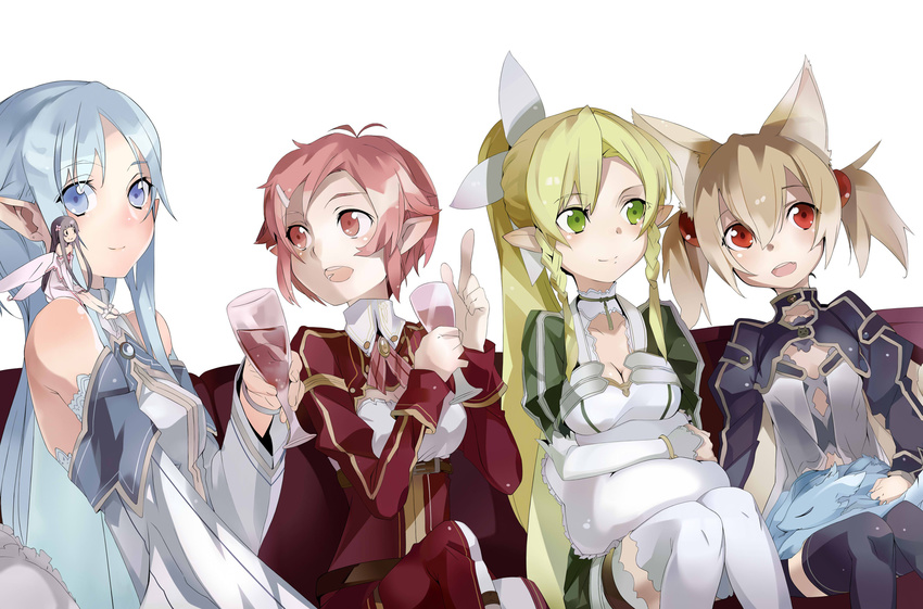 5girls age_difference aicky animal_ears asuna_(sao) asuna_(sao-alo) aunt_and_niece blonde_hair blue_eyes blue_hair blue_wings braid breasts brown_hair bunbun cat_ears cat_girl commentary_request creature creature_on_lap cup derivative_work detached_sleeves drinking_glass fairy fairy_wings feathered_dragon green_eyes green_wings highres leafa lisbeth_(sao) lisbeth_(sao-alo) lolicon long_hair medium_breasts medium_hair mini_dragon mini_person minigirl mother_and_daughter multiple_girls person_on_shoulder pillow pina_(sao) pink_hair pointy_ears ponytail red_eyes short_hair silica silica_(sao-alo) size_difference sword_art_online thighhighs twin_braids twintails white_wings wings yui_(sao) yui_(sao-alo)