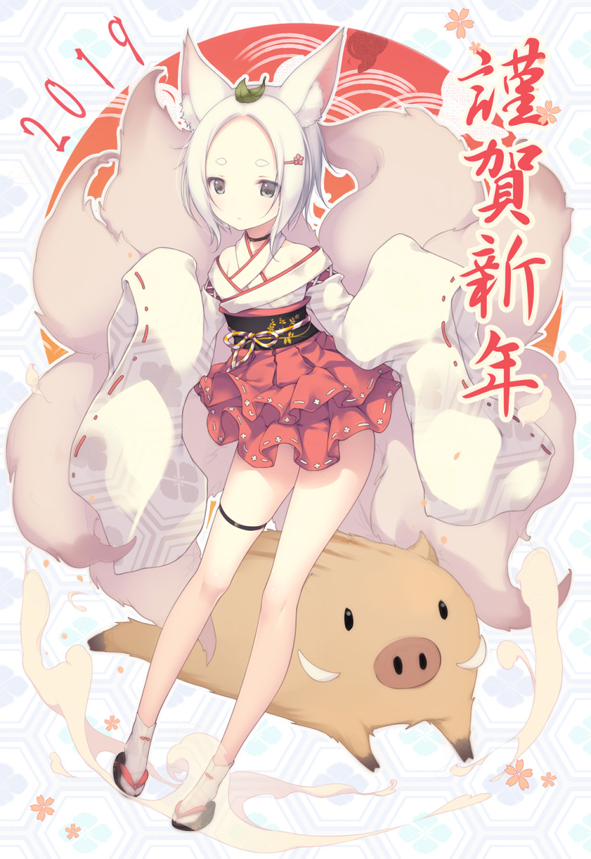 2019 animal_ear_fluff animal_ears bad_id bad_pixiv_id bare_shoulders black_choker black_eyes blush boar choker female fox_ears fox_tail full_body hair_ornament hairclip hakama hakama_short_skirt hakama_skirt highres japanese_clothes leaf leaf_on_head long_sleeves multiple_tails new_year obi original parted_bangs photoshop_(medium) red_skirt ribbon-trimmed_sleeves ribbon_trim sandals sash shokuyou_mogura short_eyebrows short_hair skirt sleeves_past_fingers sleeves_past_wrists solo tail thick_eyebrows thigh_strap white_hair wide_sleeves