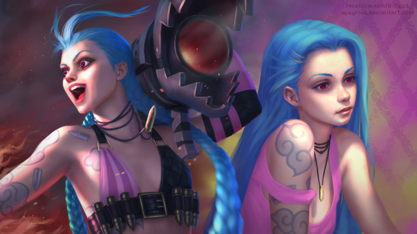 :d arm_tattoo artist_name blue_hair braid breast_tattoo breasts bullet bullet_necklace bullet_tattoo closed_mouth cloud_tattoo commentary deviantart_username english_commentary eyelashes facebook_username female gohpot gun hair_ornament hairclip highres holding holding_gun holding_weapon jewelry jinx_(league_of_legends) league_of_legends lips long_hair necklace off_shoulder open_mouth pink_shirt purple_eyes shirt shoulder_tattoo small_breasts smile tattoo teeth tongue twin_braids very_long_hair watermark weapon web_address whorled_clouds