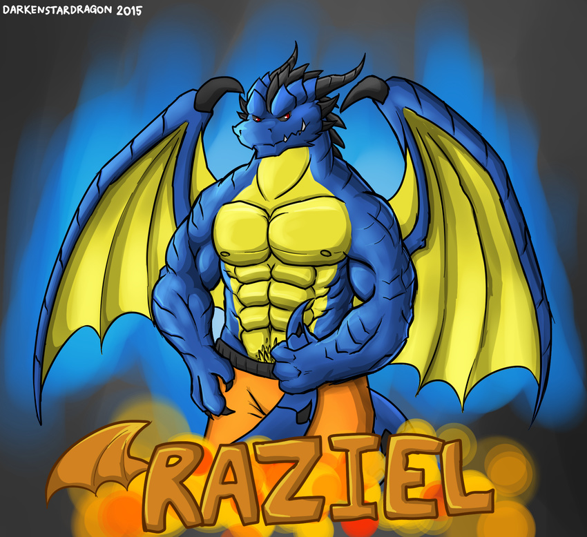 2015 abs anthro biceps clothed clothing darkenstardragon dragon hi_res horn male membrane_(anatomy) membranous_wings muscular muscular_anthro muscular_male mythological_creature mythological_scalie mythology nipples pecs raziel_(darken) reptile scales scalie smile solo tail topless wings