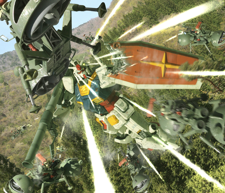 damaged firing gundam highres iwasan mecha mobile_suit_gundam rocket_launcher rx-78-2 shield tree trees wappa weapon