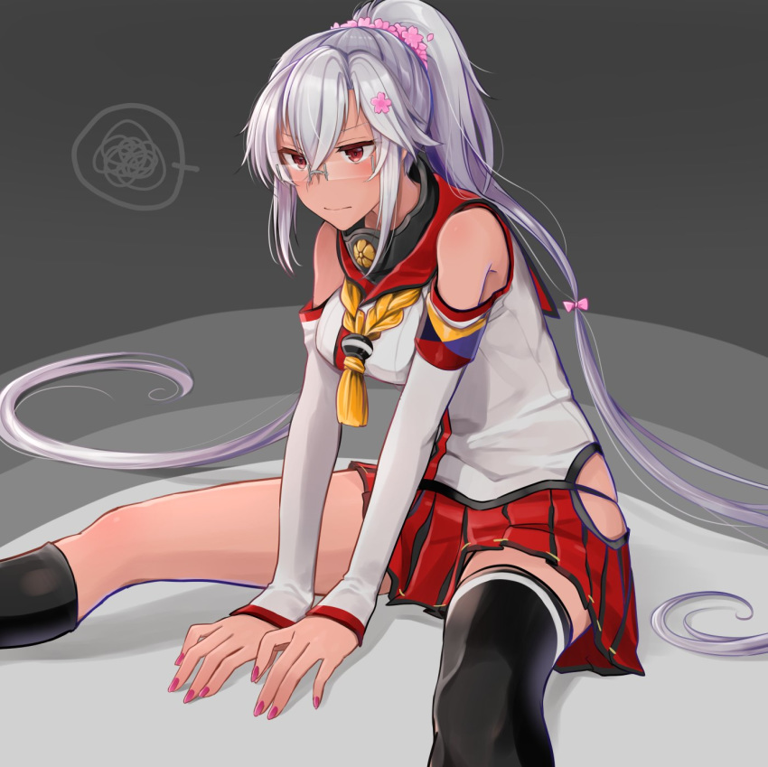 arm_support bare_shoulders blush breasts check_commentary commentary_request cosplay dark-skinned_female dark_skin detached_sleeves female grey_hair hair_between_eyes highres hip_vent kantai_collection large_breasts long_hair miniskirt musashi_(kancolle) musashi_kai_ni_(kancolle) nail_polish pink_nails ponytail red_eyes red_skirt single_thighhigh skindentation skirt solo spoken_squiggle spread_legs squiggle thighhighs thighs very_long_hair yamato_(kancolle) yamato_(kancolle)_(cosplay) yunamaro z_flag