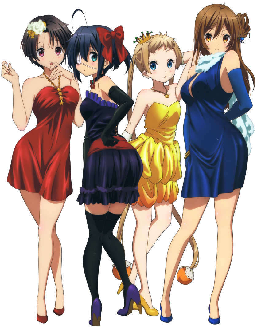 4girls ahoge artist_request bag bare_shoulders black_thighhighs blazer blonde_hair blue_eyes blue_skirt bow brown_eyes brown_hair check_artist chuunibyou_demo_koi_ga_shitai! crown dekomori_sanae elbow_gloves extraction eyepatch frilled_skirt frills full_body gloves hair_ornament hairclip high_heels highres jacket legs long_hair medical_eyepatch mg_renders multiple_girls nibutani_shinka one_side_up plaid purple_hair purple_skirt red_eyes red_skirt school_bag short_hair skirt smile takanashi_rikka thighhighs transparent_background tsuyuri_kumin twintails very_long_hair yellow_skirt zettai_ryouiki