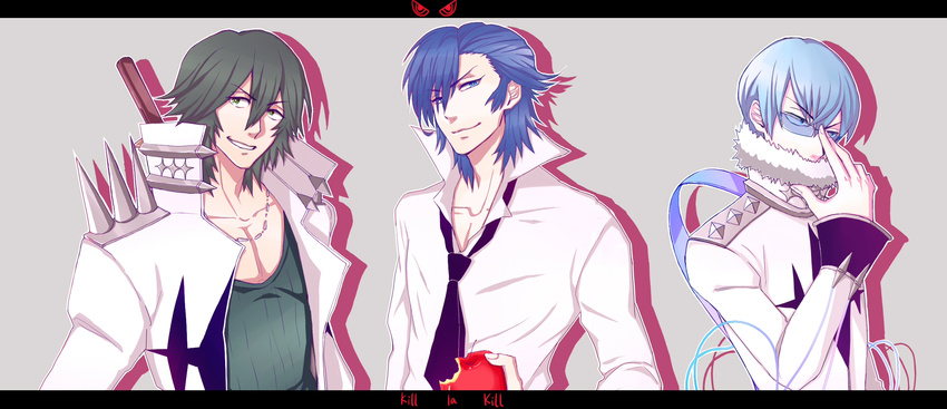 3boys apple bad_id bad_pixiv_id blue_hair food fruit glasses green_hair highres inumuta_houka kill_la_kill male_focus mikisugi_aikurou multiple_boys necktie saaya_(32308) sanageyama_uzu smile