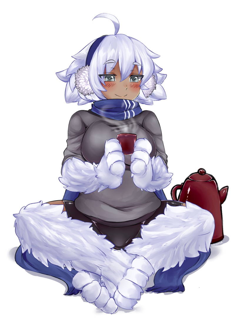 ahoge alternate_costume artist_name bike_shorts blush caleana crossed_legs cup dark_skin earmuffs eyebrows eyebrows_visible_through_hair female fur grey_eyes highres holding holding_cup legs_crossed monster_girl monster_girl_encyclopedia paws scarf short_hair signature simple_background sitting smile solo steam sweater teacup teapot thick_eyebrows white_background white_fur white_hair yeti_(monster_girl_encyclopedia)