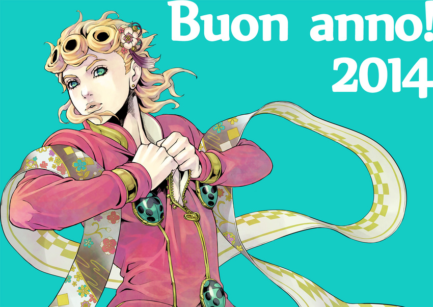 1boy 2014 bad_id bad_pixiv_id blonde_hair blue_eyes chounorin giorno_giovanna hagoromo hair_ornament jojo_no_kimyou_na_bouken kanzashi ladybug_ornament male_focus photoshop_(medium) scarf shawl solo vento_aureo