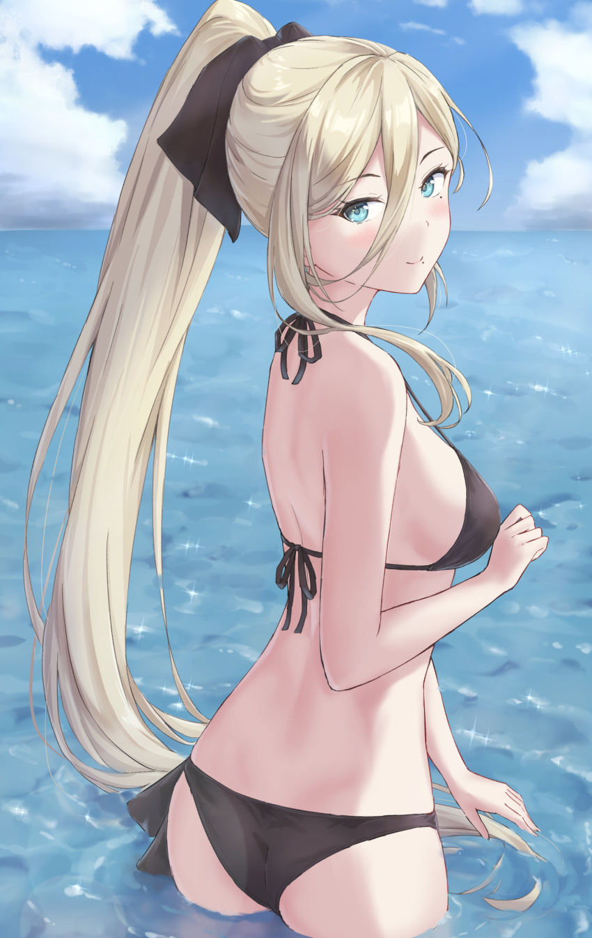 absurdres alternate_costume alternate_hairstyle ass bikini black_bikini blonde_hair blue_eyes blue_sky breasts cloud cowboy_shot day female from_behind hair_between_eyes highres horizon kantai_collection long_hair looking_at_viewer looking_back medium_breasts monoku ocean outdoors ponytail richelieu_(kancolle) sky solo string_bikini swimsuit wading water