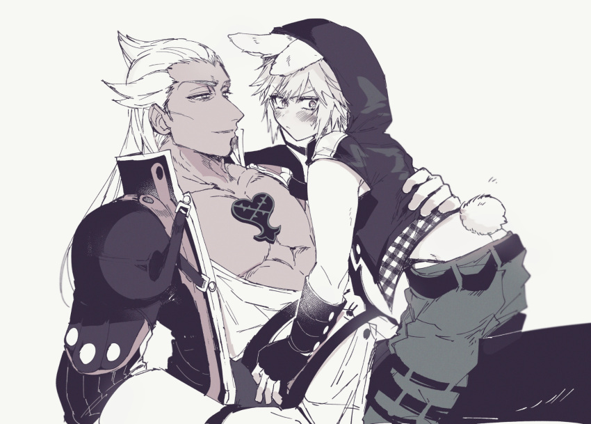 2boys abs animal_ears ansem_seeker_of_darkness ass blush coat dark-skinned_male dark_skin gloves grin hand_on_another's_back highres holding hood hood_up kingdom_hearts lgw7 long_hair looking_at_another male_focus multiple_boys on_lap pants pectorals rabbit_ears rabbit_tail riku_(kingdom_hearts) short_hair smile spiked_hair straddling sweat sweater tail v-shaped_eyebrows whale_tail_(clothing) yaoi