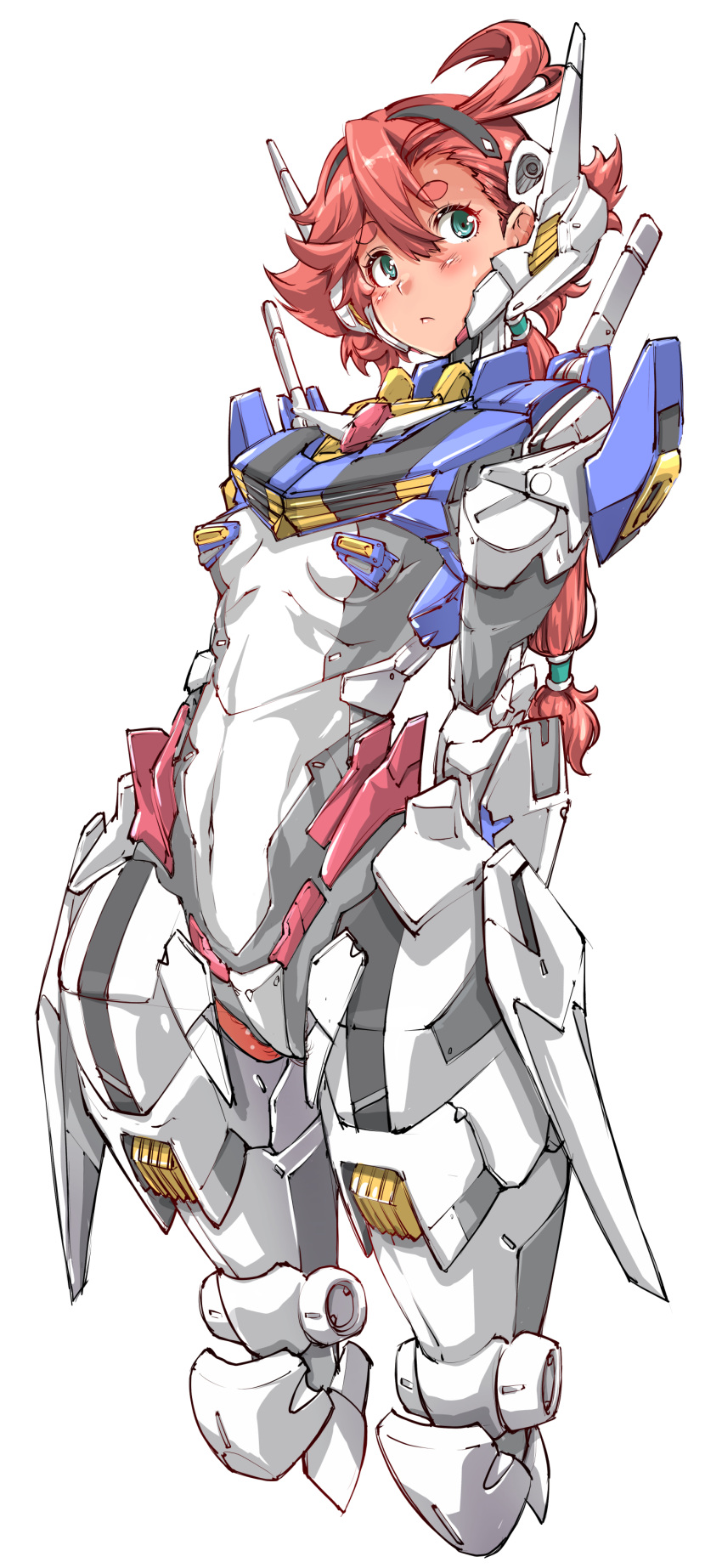 :< absurdres ahoge aqua_eyes armor arms_behind_back breasts cosplay female gundam gundam_aerial gundam_aerial_(cosplay) gundam_suisei_no_majo hairband highres long_hair low_ponytail mecha_musume red_hair small_breasts solo suletta_mercury thick_eyebrows white_background yazawa_mana_jk