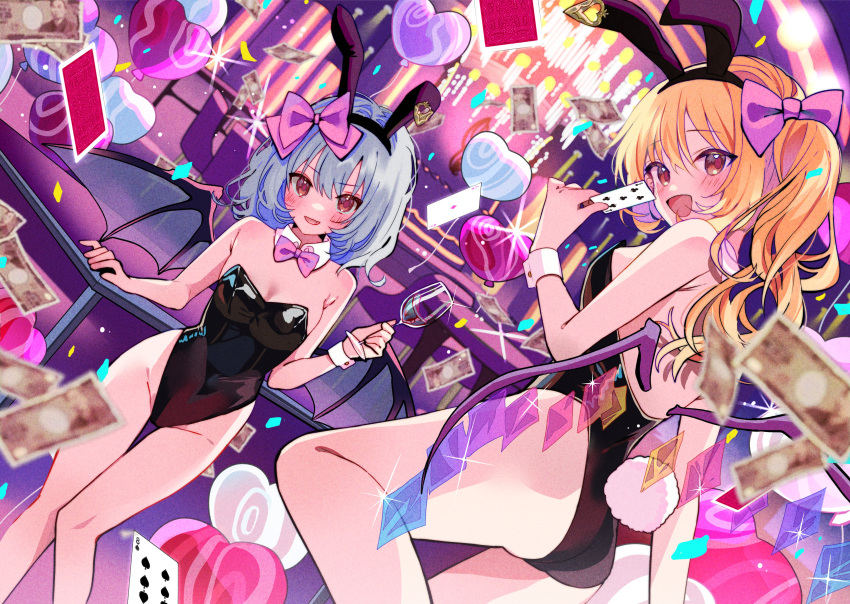 2girls :d absurdres ace_(playing_card) ace_of_diamonds against_railing animal_ear_hairband animal_ears balloon banknote bat_wings black_hairband black_leotard blonde_hair blue_hair blush bow breasts card cleavage commentary_request cup detached_collar diamond_(shape) drinking_glass fake_animal_ears fake_tail flandre_scarlet hairband hairbow heart_balloon highres holding holding_card holding_cup leotard long_hair looking_at_viewer looking_back medium_breasts medium_hair money multiple_girls open_mouth playboy_bunny playing_card purple_bow rabbit_ears rabbit_tail railing remilia_scarlet siblings sisters smile strapless strapless_leotard tail tamagogayu1998 touhou wine_glass wings wrist_cuffs