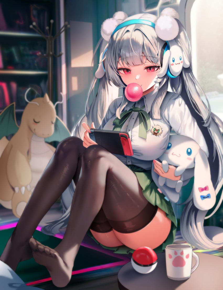 absurdres ass blowing_bubbles blurry blurry_background bow bowtie breasts brown_thighhighs buttons chewing_gum cinnamoroll clothes_hanger coffee_mug collared_shirt cup dragonite dress_shirt feet female fingernails full_body fuwa_fuwa_cinnamoroll green_bow green_bowtie green_skirt grey_hair grey_shirt handheld_game_console headphones highres holding holding_handheld_game_console indoors knees_up large_breasts long_hair long_sleeves looking_down miniskirt mug nintendo_switch no_shoes original playing_games pleated_skirt poke_ball poke_ball_(basic) pokemon pokemon_(creature) red_eyes revision sanrio shirt sitting skirt soles solo thighhighs toes very_long_hair zerocat