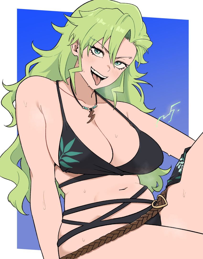 :d bare_shoulders bikini black_bikini bleach bleach:_brave_souls blue_background blush border breasts candice_catnipp collarbone commentary_request cowboy_shot eyelashes female green_eyes green_hair halterneck highres jewelry korean_commentary large_breasts leaf_print long_hair looking_at_viewer naughty_face navel necklace oeoeoe_(fyzs5787) official_alternate_costume open_mouth outside_border plump print_bikini sanpaku sidelocks simple_background sitting smile solo sweat swimsuit teeth tongue tongue_out tsurime v-shaped_eyebrows wavy_hair white_border