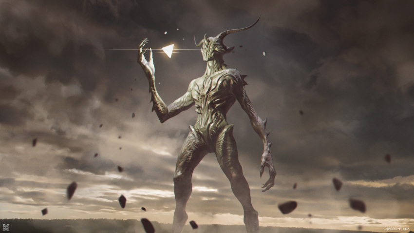 2021 anamorphic_lens_flare back_spikes claws cloud day dust eyeless featureless_crotch front_view grainy hi_res horizon horn humanoid levitation long_arms low-angle_view magic male male_humanoid mist_xg monster monstrous_humanoid not_furry outside overcast portrait restricted_palette sky spikes spikes_(anatomy) standing three-quarter_portrait triangle_(shape)