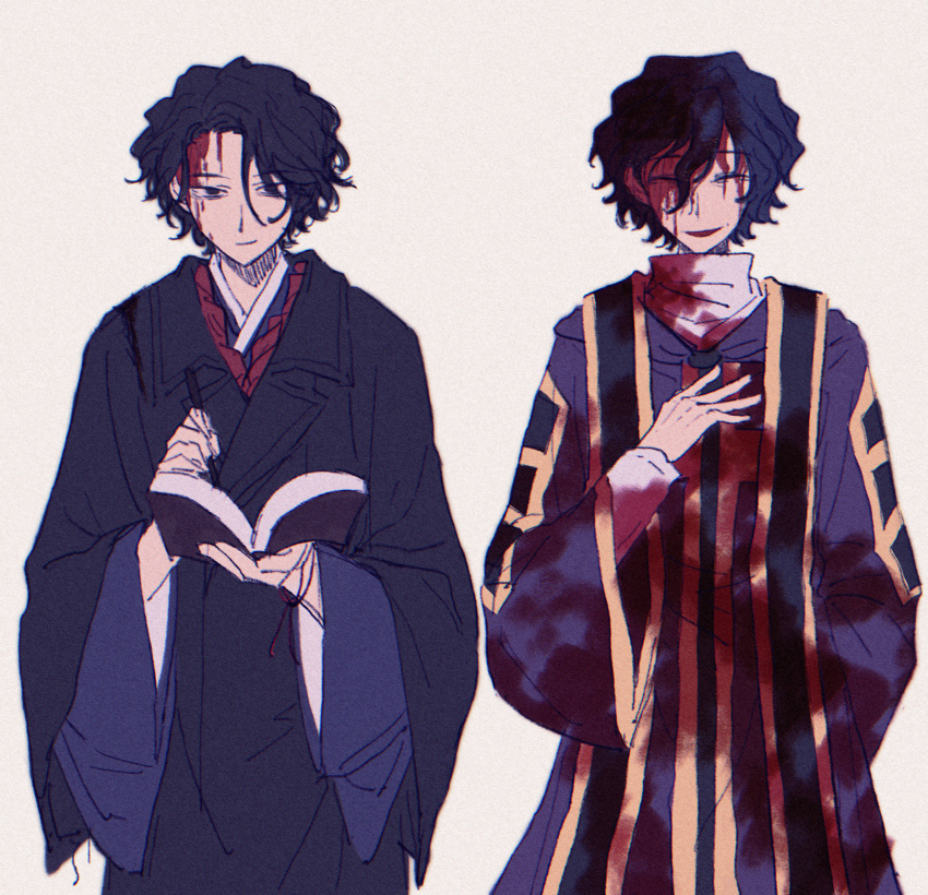 2boys arms_behind_back black_coat black_eyes black_hair bleeding_from_forehead blood blood_on_clothes blood_on_face blue_kimono chinese_commentary chromatic_aberration closed_eyes closed_mouth coat commentary_request crossover dazai_osamu_(isekai_shikkaku) film_grain grey_background grey_shirt hairstyle_connection hand_on_own_chest highres isekai_shikkaku japanese_clothes kimono long_sleeves male_focus multiple_boys open_mouth purple_coat saibou_shinkyoku shirt short_hair simple_background utsugi_noriyuki wide_sleeves xuanjing