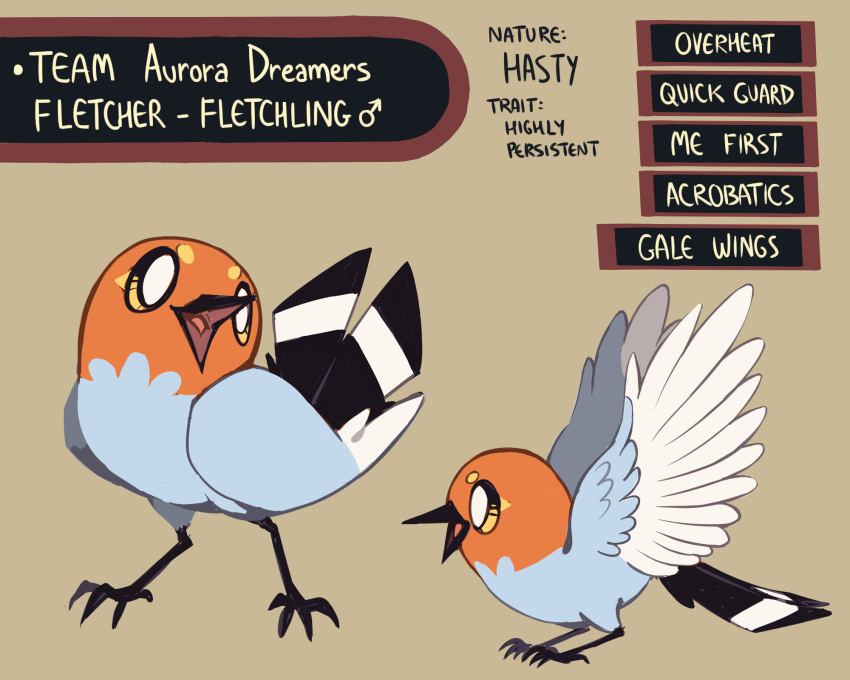 2021 avian beak bird black_text blue_body blue_wings digital_media_(artwork) english_text feathered_wings feathers feet feral flavia-elric fletchling front_view generation_6_pokemon hi_res male model_sheet nintendo open_mouth pokemon pokemon_(species) side_view simple_background solo spread_wings standing tail tail_feathers talons text toes tongue wings