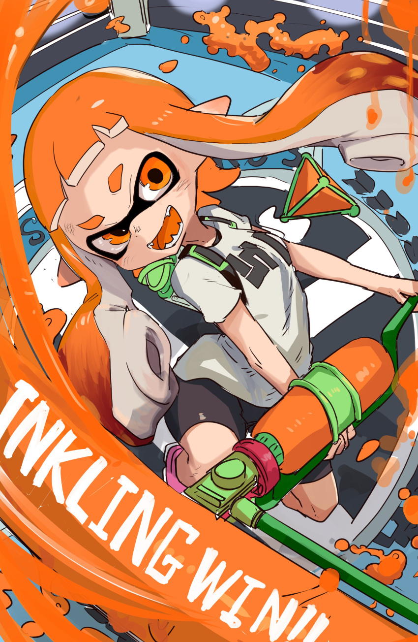 absurdres bike_shorts boxing_ring commentary_request domino_mask fangs female head_tilt highres holding holding_weapon inkling_girl inkling_player_character ishijimajirou jumping mask open_mouth orange_eyes orange_hair pink_footwear pointy_ears shirt short_sleeves solo splat_bomb_(splatoon) splat_roller_(splatoon) splatoon_(series) super_smash_bros. tentacle_hair weapon white_shirt