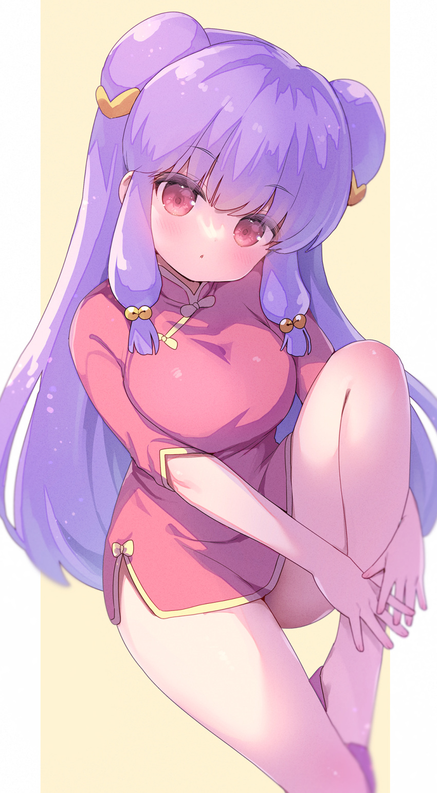 :o bare_legs blush border breasts china_dress chinese_clothes dot_nose dress female hair_bobbles hair_ornament highres knee_up large_breasts legs long_hair looking_at_viewer outside_border purple_hair ranma_1/2 red_dress red_eyes red_footwear shampoo_(ranma_1/2) short_dress short_sleeves sidelocks sitting solo straight_hair usashiro_mani white_border yellow_background