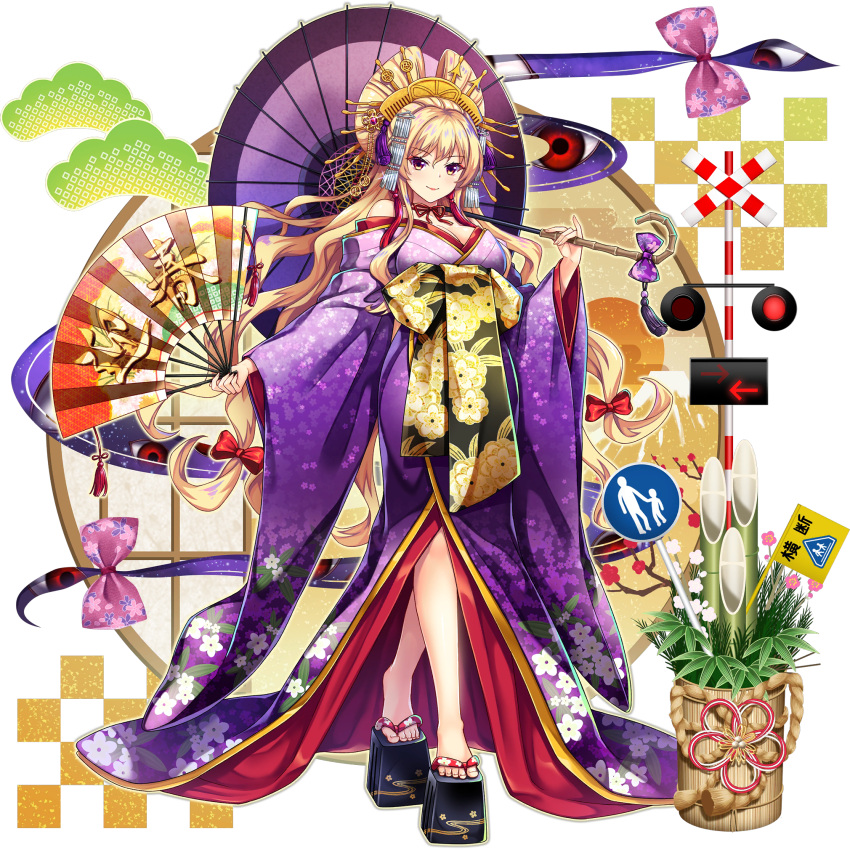 alternate_costume bare_shoulders black_footwear blonde_hair bow breasts cleavage female full_body furisode game_cg gap_(touhou) gradient_clothes gradient_kimono hair_ornament hairbow hand_fan highres holding holding_fan holding_umbrella japanese_clothes kadomatsu kanzashi kimono koma-geta long_hair long_sleeves looking_at_viewer low-tied_long_hair manaita_obi new_year nihongami obi official_art oil-paper_umbrella oiran pink_bow purple_kimono red_bow road_sign rotte_(1109) sash sign solo standing third-party_source touhou touhou_lostword transparent_background umbrella wide_sleeves yakumo_yukari yakumo_yukari_(road_safety_gap_youkai)