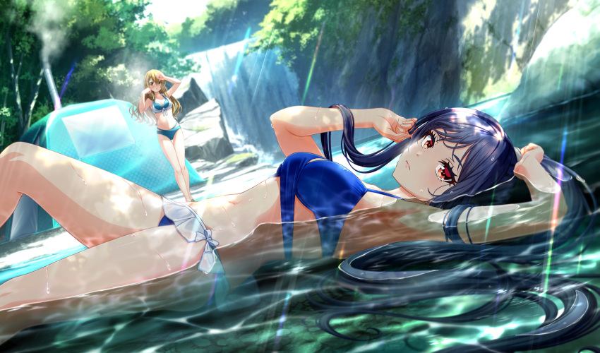 2girls aqua_bikini bikini blonde_hair blue_bikini blue_hair cinderella_series closed_mouth frilled_bikini frills from_side game_cg hachigatsu_no_cinderella_nine hands_up high_ponytail highres inui_kei_(hachigatsu_no_cinderella_nine) kamabe_chiaki knee_up layered_bikini light_rays long_sleeves looking_at_viewer lying multiple_girls navel non-web_source official_art on_back outdoors red_eyes sidelocks standing sunbeam sunlight swimsuit tent tree tree_shade v-shaped_eyebrows wading water waterfall wet