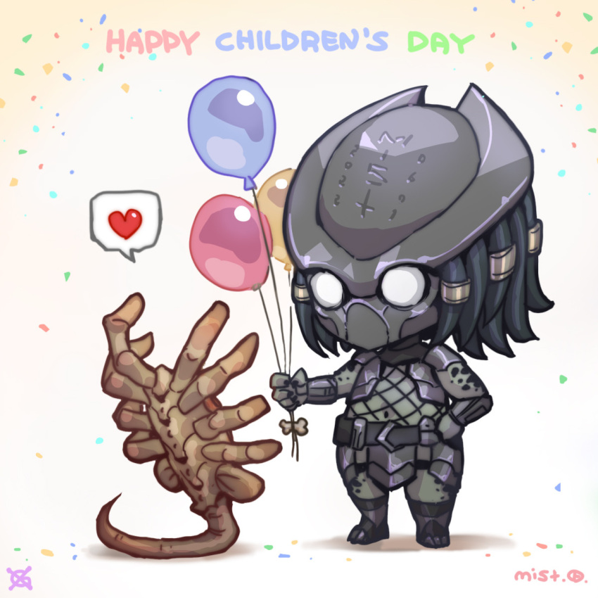 2022 alien alien_(franchise) alien_humanoid ambiguous_feral ambiguous_gender armor balancing_on_tail balloon bone brown_body brown_exoskeleton chibi children's_day_(japan) clothing confetti dreadlocks duo exoskeleton facehugger feral fishnet_clothing fishnet_topwear gift gradient_background green_body green_skin hand_on_hip heart_symbol hi_res holding_balloon humanoid inflatable larger_humanoid male male_humanoid markings mask mist_xg offering_gift pictographics predator_(franchise) simple_background size_difference smaller_feral spots spotted_markings standing tail topwear yautja