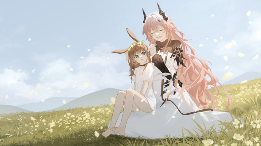 2girls :o amiya_(arknights) animal_ears aqua_eyes arknights ass barefoot black_choker black_dress black_horns brown_hair choker closed_eyes commentary_request day dress feet flower full_body grass grasslands hair_between_eyes hand_in_another's_hair hands_up head_wreath highres horns jewelry light_smile long_dress long_hair long_sleeves meadow motoha multiple_girls open_mouth outdoors petals pink_hair plant rabbit_ears rabbit_girl ring shirt short_sleeves sitting soles t-shirt theresa_(arknights) toes white_dress white_shirt wind yellow_flower