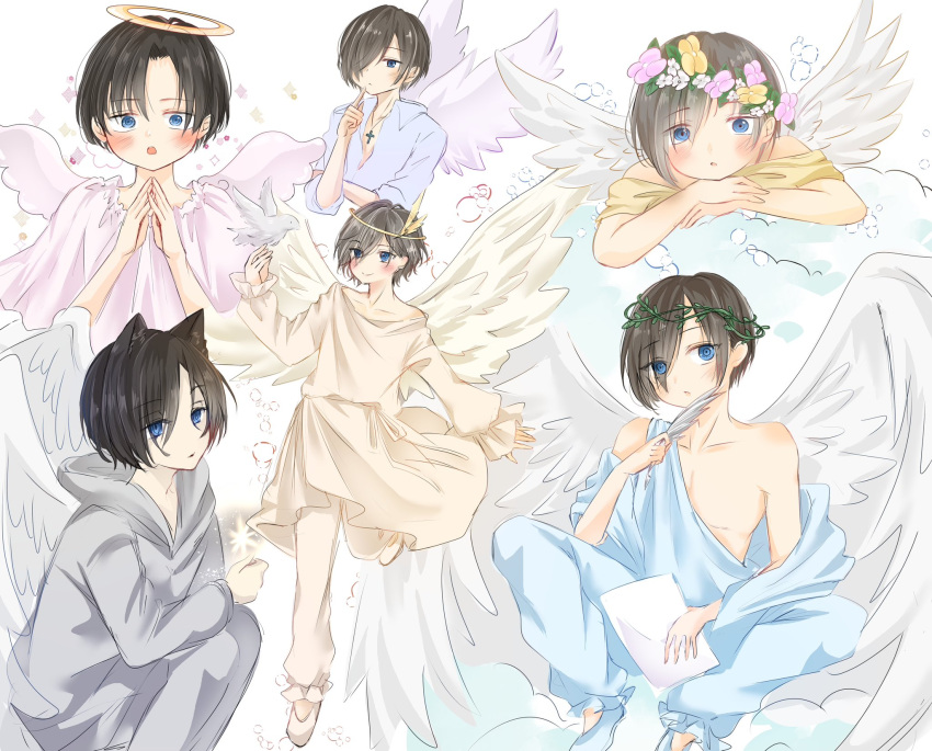 1boy 3-nyan ancient_greek_clothes angel angel_wings animal_ears bare_shoulders black_hair blue_eyes blush boku_no_kokoro_no_yabai_yatsu cat_boy cat_ears chiton collarbone eyes_visible_through_hair feathered_wings greco-roman_clothes hair_over_one_eye halo head_wreath highres ichikawa_kyoutarou looking_at_viewer male_focus multiple_views ringed_eyes short_hair traditional_halo white_wings wings