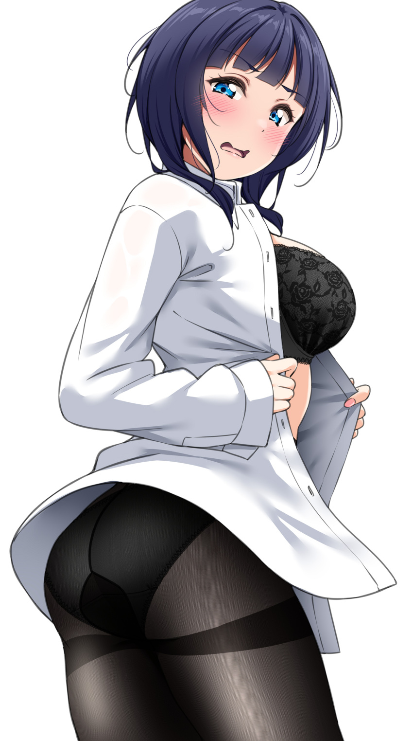 absurdres asaka_karin ass black_bra black_panties black_pantyhose blue_eyes blue_hair blunt_bangs blush bra breasts female flustered from_behind highres large_breasts lingerie long_sleeves looking_at_viewer looking_back love_live! love_live!_nijigasaki_high_school_idol_club medium_hair panties panties_under_pantyhose pantyhose shirt simple_background solo thighband_pantyhose thighs underwear undressing white_background white_shirt yopparai_oni