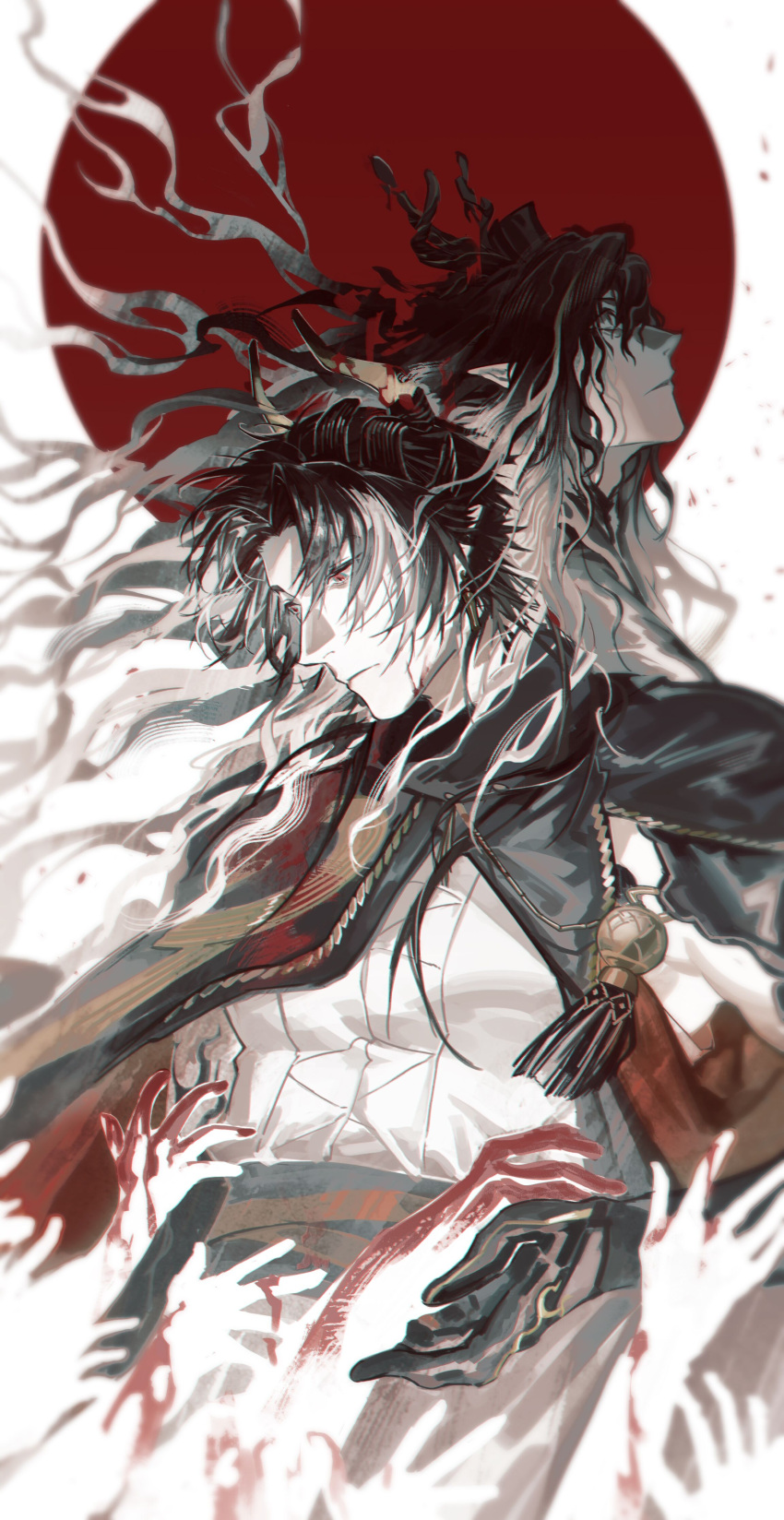 1boy absurdres arknights black_hair blood chong_yue_(arknights) closed_mouth cowboy_shot expressionless gongzuotianxiadiyi hair_ornament highres long_hair looking_down looking_up male_focus multicolored_hair multiple_hands parted_bangs parted_lips pointy_ears red_eyes solo streaked_hair tassel white_hair