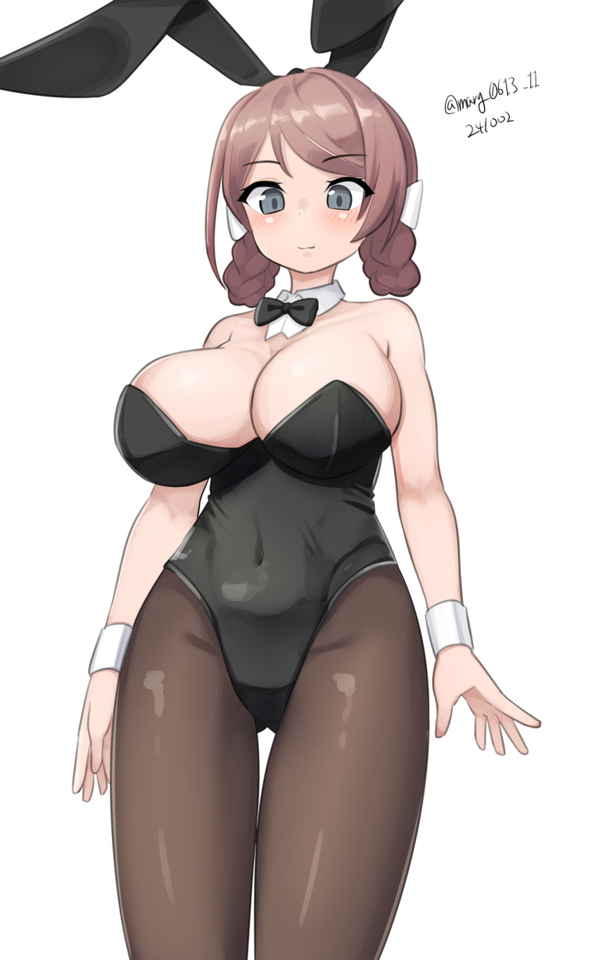 absurdres ahoge alternate_costume animal_ears black_bow black_bowtie black_leotard bow bowtie braid braided_hair_rings breasts brown_hair chougei_(kancolle) detached_collar fake_animal_ears feet_out_of_frame female grey_eyes hair_rings highres kantai_collection large_breasts leotard long_hair maru_(marg0613) one-hour_drawing_challenge pantyhose playboy_bunny rabbit_ears simple_background solo strapless strapless_leotard thigh_gap twin_braids white_background wrist_cuffs