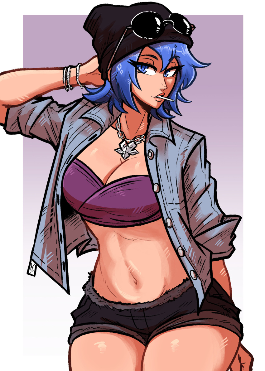 absurdres aqua_(kingdom_hearts) black_shorts blue_eyes blue_hair bracelet cigarette crop_top eyewear_on_head hat highres jewelry kingdom_hearts kingdom_hearts_birth_by_sleep looking_at_viewer navel necklace open_clothes open_shirt scruffyturtles shorts sunglasses thighs wide_hips