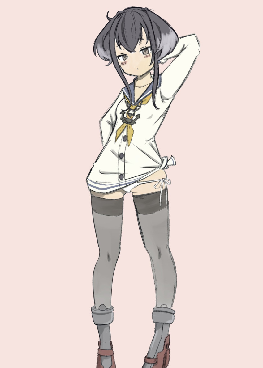 alternate_legwear anchor_necklace arms_behind_head black_hair blue_sailor_collar brown_eyes chakoru dress female full_body gradient_hair highres jewelry kantai_collection multicolored_hair neckerchief necklace panties pink_background rudder_footwear sailor_collar sailor_dress short_hair_with_long_locks side-tie_panties sidelocks simple_background solo thighhighs tied_dress tokitsukaze_(kancolle) underwear white_dress white_panties yellow_neckerchief