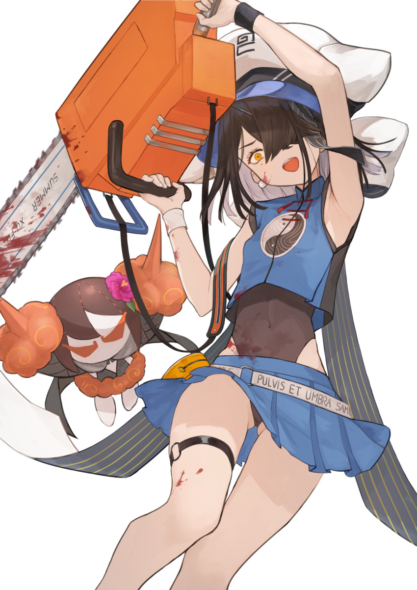 bare_shoulders black_hair black_one-piece_swimsuit blood blue_shirt blue_skirt breasts brown_eyes chainsaw crop_top fate/grand_order fate_(series) female hair_over_one_eye hat highres looking_at_viewer miniskirt mole mole_under_eye one-piece_swimsuit open_mouth shirt short_hair skirt sleeveless sleeveless_shirt small_breasts smile solo stuffed_toy swimsuit swimsuit_under_clothes thigh_strap thighs totteri white_hat wristband xu_fu_(fate) xu_fu_(swimsuit_avenger)_(fate) xu_fu_(swimsuit_avenger)_(first_ascension)_(fate) yin_yang yin_yang_print yu_mei-ren_(fate)