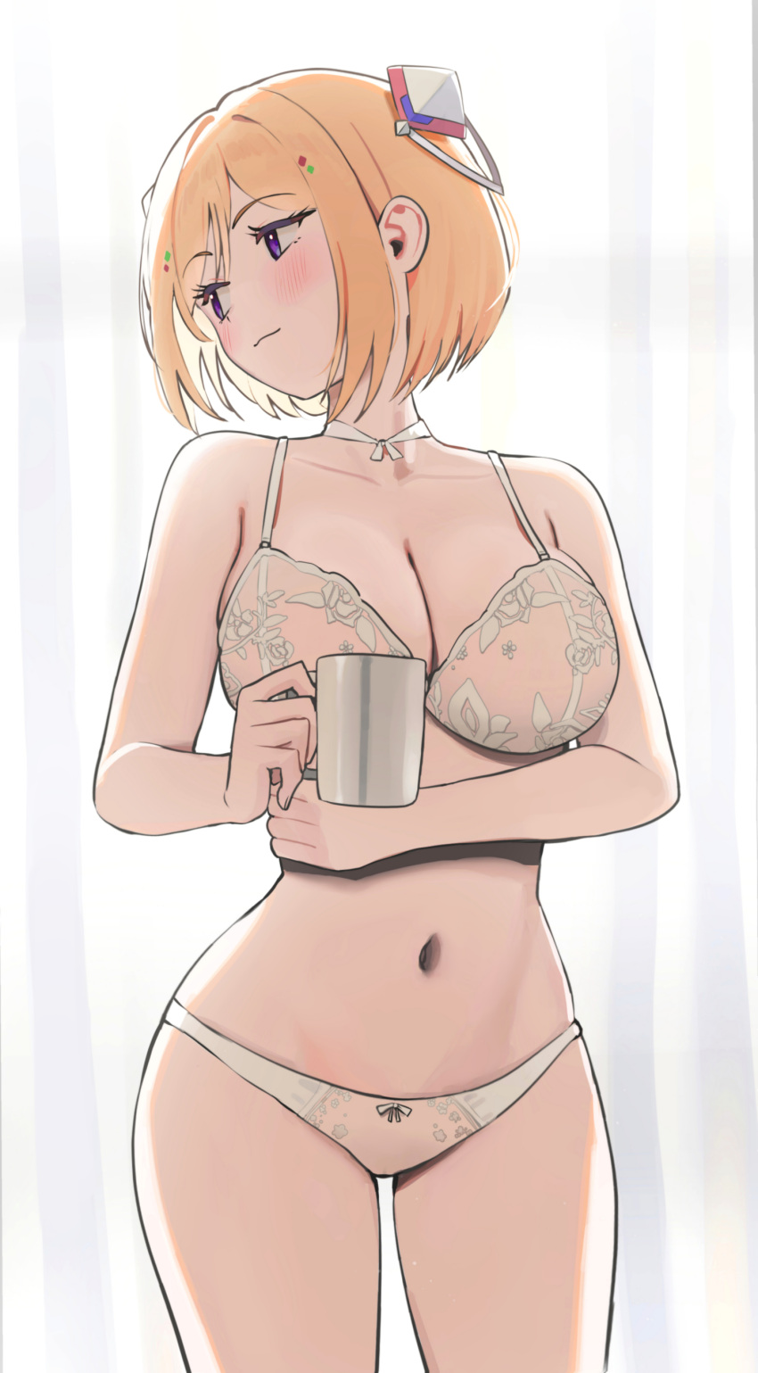 :3 absurdres aki_rosenthal bare_arms blonde_hair blue_eyes blush bra breasts cleavage closed_mouth collarbone cowboy_shot cup female hairpods hashtag-only_commentary highres holding holding_cup hololive large_breasts looking_to_the_side navel panties short_hair solo stomach thighs twin_(tt_lsh) underwear underwear_only virtual_youtuber white_bra white_panties