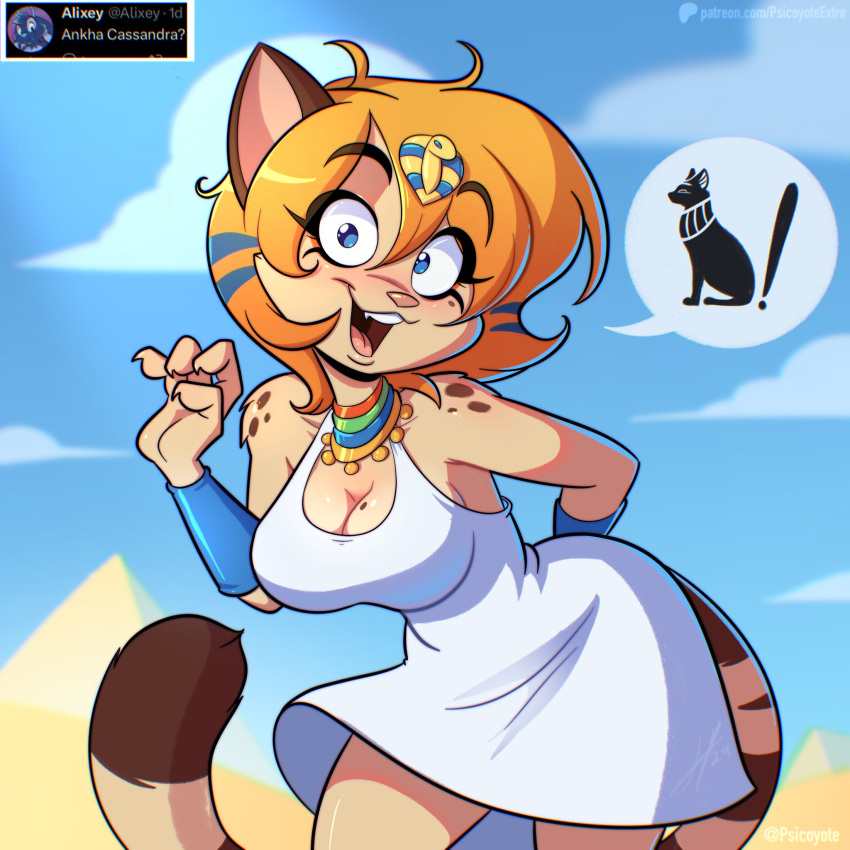 2024 4_fingers animal_crossing ankha_(animal_crossing) anthro arm_tuft blonde_hair blue_eyes breasts cassandra_(psicoyote) clothing cosplay domestic_cat dress egyptian egyptian_clothing eyebrow_through_hair eyebrows eyelashes felid feline felis female fingers fur hair hi_res leaning leaning_forward looking_at_viewer mammal markings mole_(marking) nintendo open_mouth open_smile pictographics psicoyote shoulder_tuft smile solo spots striped_markings striped_tail stripes tail tail_markings tan_body tan_fur translucent translucent_hair tuft uraeus usekh white_clothing white_dress