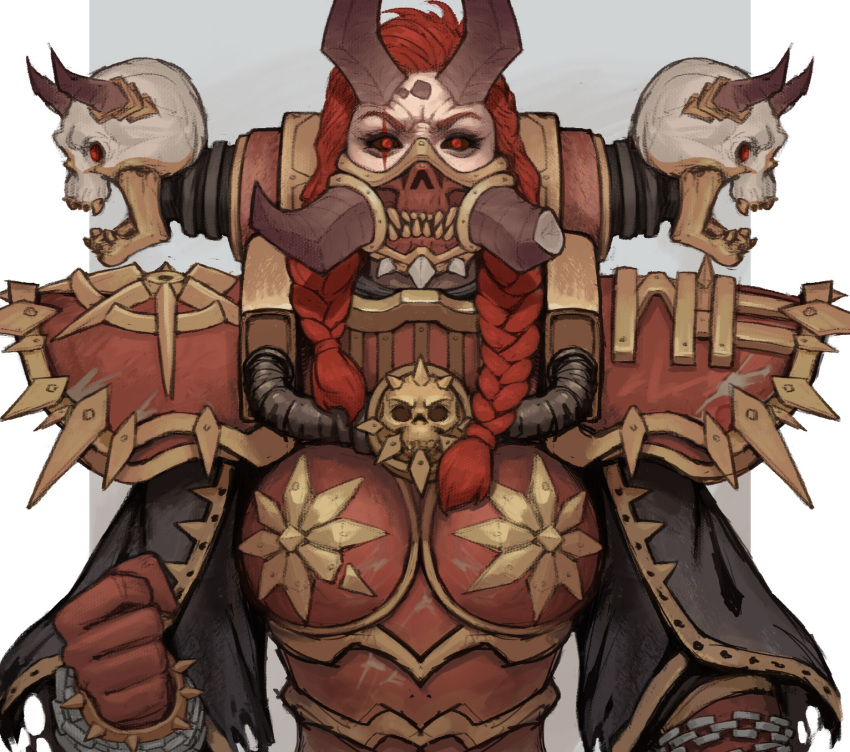 adepta_sororitas armor black_sclera boobplate braid chains clenched_hand colored_sclera corruption female gold_trim highres horns long_hair red_eyes red_hair scar scar_across_eye scar_on_face sharp_teeth skull solo spiked_armor spikes teeth tusks twin_braids upper_body warhammer_40k yangzheyy