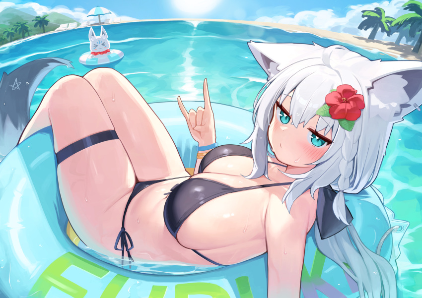 ahoge animal_ear_fluff animal_ear_piercing animal_ears aqua_eyes beach bikini black_bikini black_ribbon blue_innertube blue_wristband blush bracelet braid breasts cleavage closed_mouth commentary day deaver double-parted_bangs female flower fox_ears fox_girl fox_shadow_puppet fox_tail hair_between_eyes hair_flower hair_ornament hair_ribbon halterneck hand_up highleg highleg_bikini highres hololive innertube jewelry large_breasts legs_together long_hair looking_at_viewer low_ponytail lying navel ocean on_back on_innertube outdoors palm_tree partially_submerged pentagram ribbon shirakami_fubuki side-tie_bikini_bottom side_braid sideboob single_braid solo string_bikini sukonbu_(shirakami_fubuki) sun swim_ring swimsuit tail thigh_strap tree virtual_youtuber wet white_hair