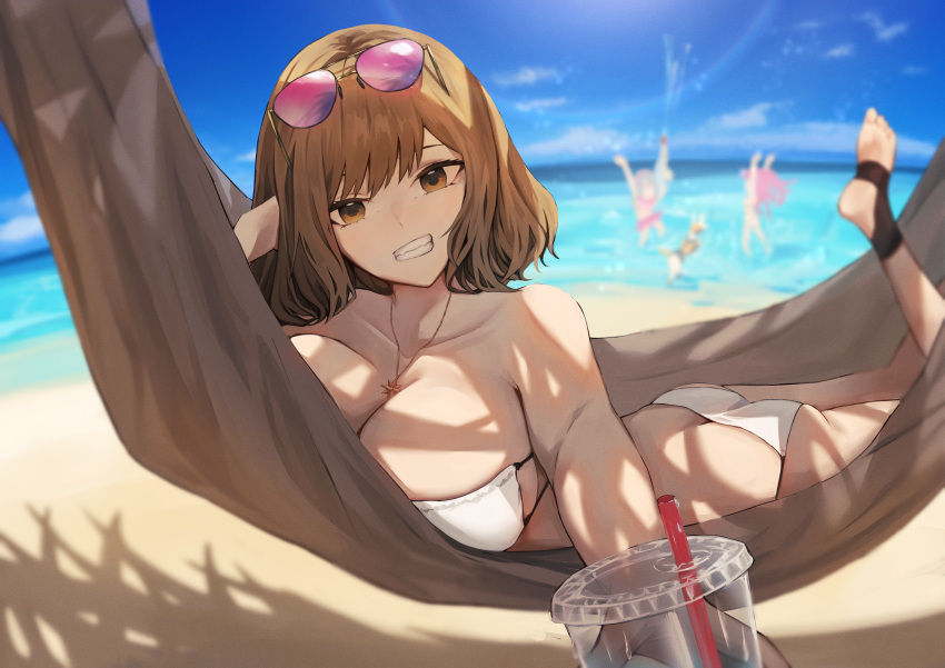 3girls absurdres anis_(nikke) anis_(sparkling_summer)_(nikke) bare_shoulders bikini blush breasts brown_hair character_request cleavage eyepatch_bikini eyewear_on_head goddess_of_victory:_nikke hammock highres jacket jewelry looking_at_viewer multiple_girls necklace neon_(blue_ocean)_(nikke) neon_(nikke) ohal pink_hair short_hair solo_focus sunglasses swimsuit tinted_eyewear volt_(nikke) white_bikini