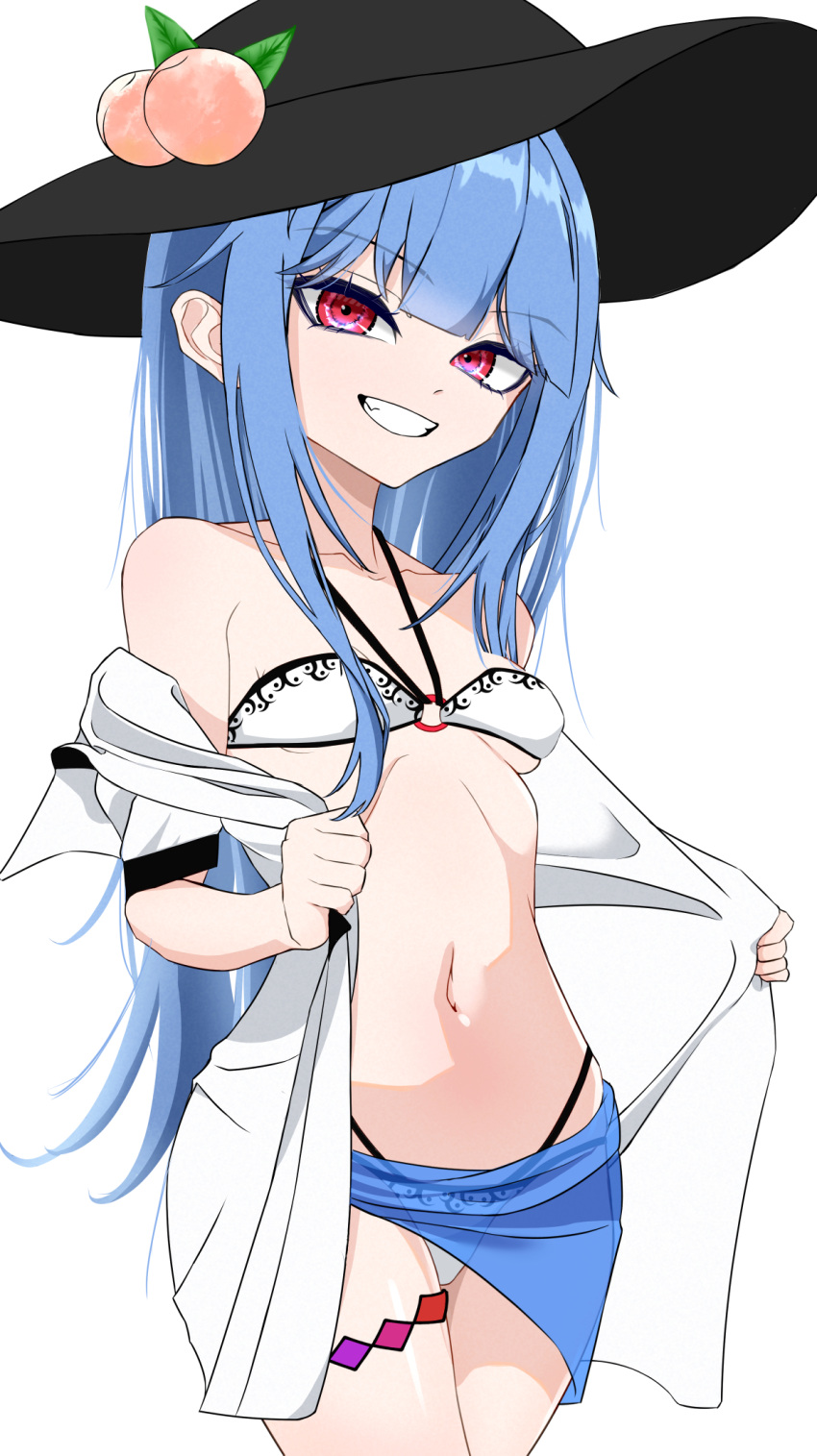 bikini black_hat blue_hair blue_sarong blunt_bangs breasts commentary_request cowboy_shot female hat highres hinanawi_tenshi long_hair looking_at_viewer navel ohkey_now peach_hat_ornament rainbow_order red_eyes sarong shirt sidelocks simple_background small_breasts smile solo swimsuit touhou white_background white_bikini white_shirt