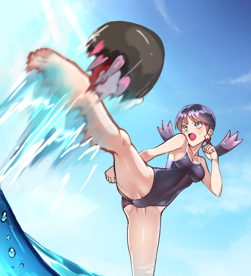 attack_trail blue_eyes blue_hair breasts clenched_hands commentary_request covered_navel earrings female from_below hand_up highres jewelry kicking kris_(pokemon) long_hair medium_breasts one-piece_swimsuit open_mouth outstretched_leg poke_ball poke_ball_(basic) pokemon pokemon_(creature) pokemon_adventures pyukumuku sky star_(symbol) star_earrings sunlight sweatdrop swimsuit twintails water yasu_suupatenin