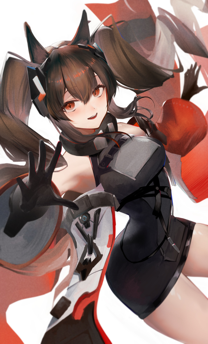 absurdres angelina_(arknights) angelina_(endfield)_(arknights) animal_ears arknights arknights:_endfield bare_shoulders black_gloves blush brown_hair coat commentary_request dress female fox_ears fox_girl gloves headpiece highres infection_monitor_(arknights) long_hair long_sleeves looking_at_viewer open_clothes open_coat open_mouth red_coat red_eyes simple_background smile solo thighs twintails ukai_(fmxc3282) white_background