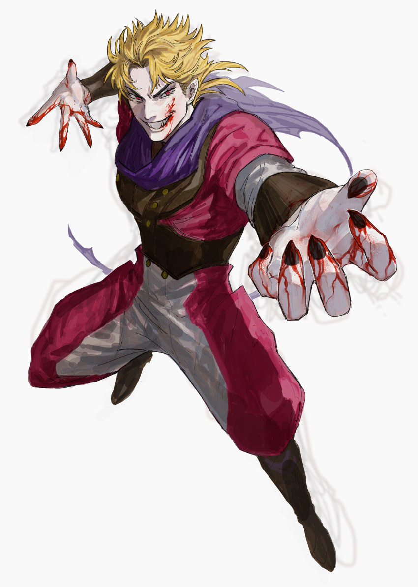 1boy absurdres black_nails blonde_hair blood blood_on_face blood_on_hands commentary_request dio_brando evil_grin evil_smile fingernails full_body grin highres jojo_no_kimyou_na_bouken ma2_ereki male_focus phantom_blood purple_scarf red_eyes scarf sharp_fingernails smile solo v-shaped_eyebrows