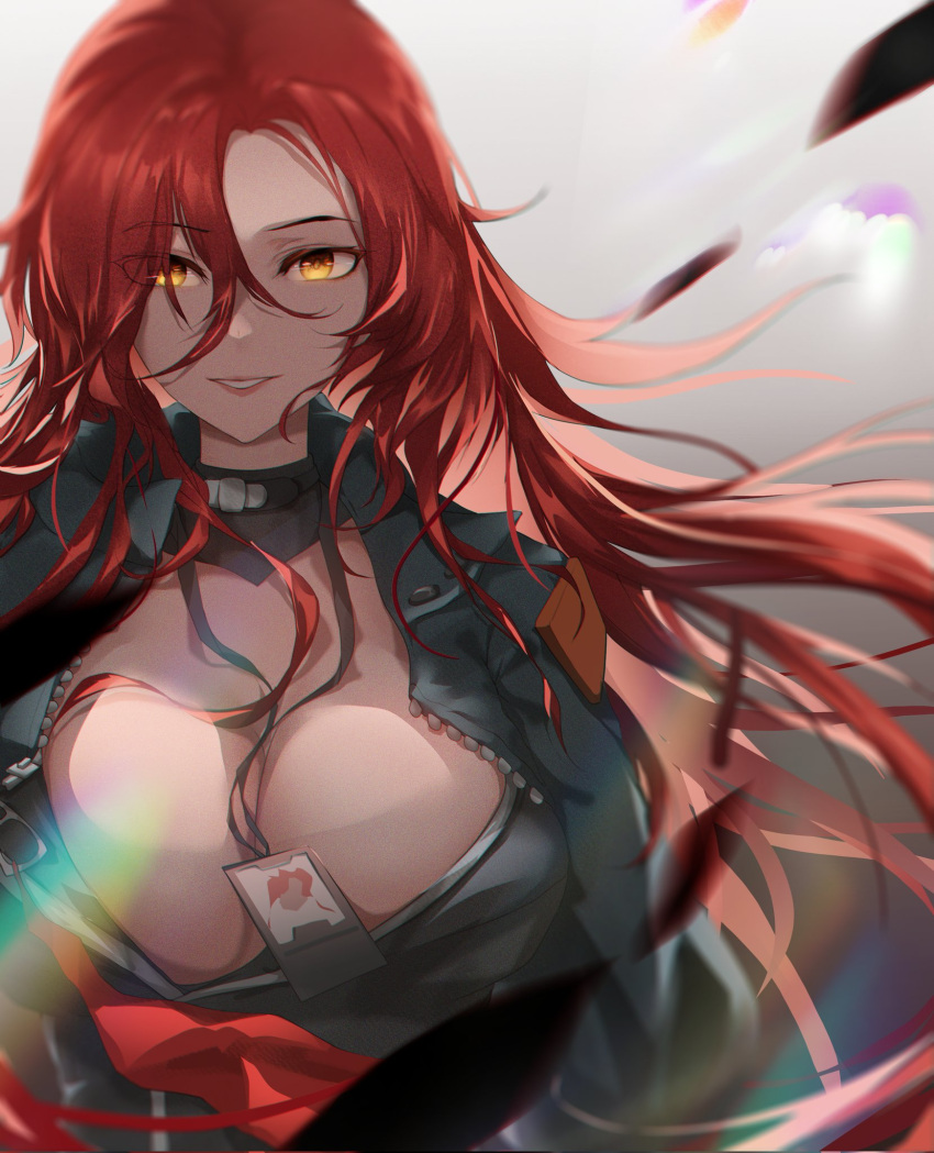 bonneville_(neural_cloud) breasts cleavage corrupted_twitter_file crop_top female floating_hair girls'_frontline girls'_frontline_neural_cloud hair_between_eyes highres id_card long_hair orange_eyes parted_lips red_hair smile solo straight-on thatob