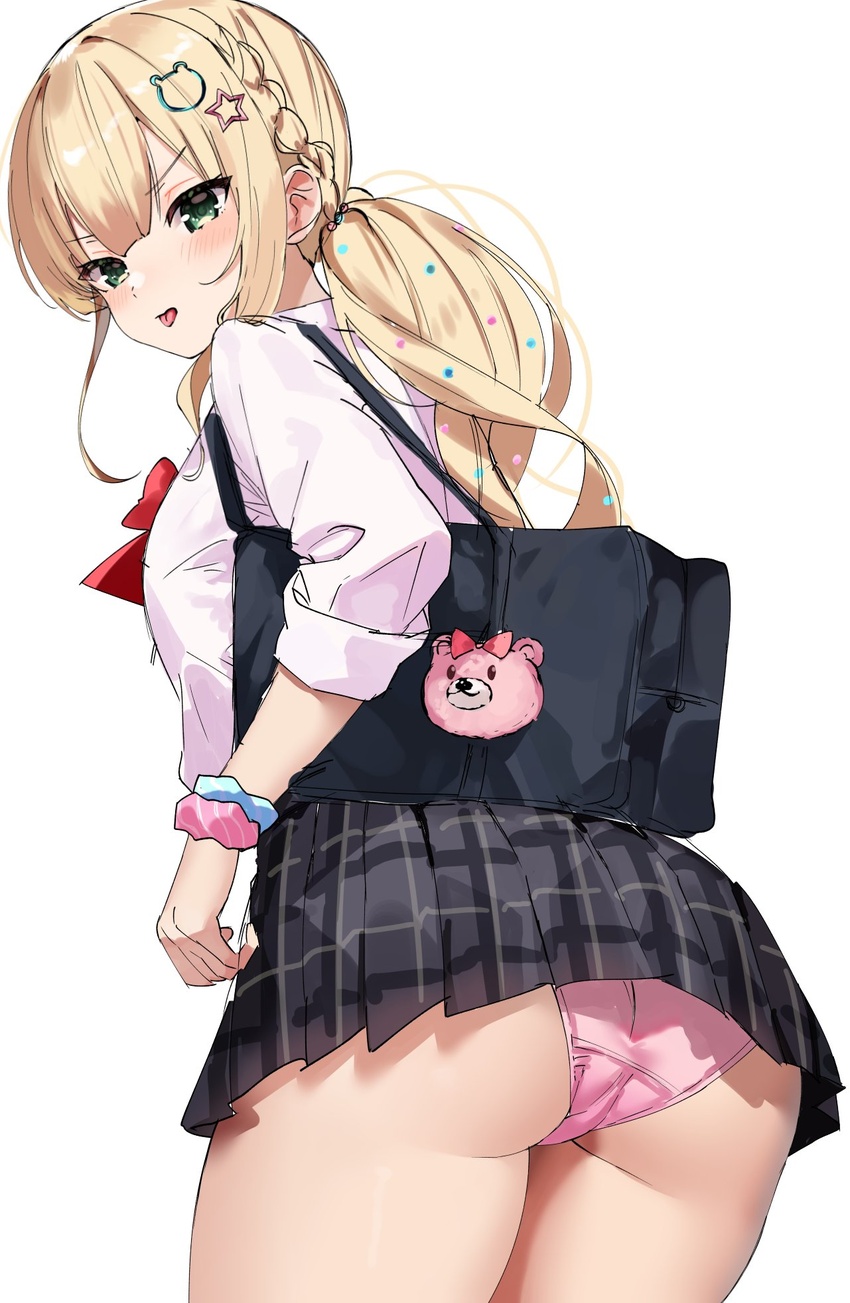 :p annoyed arms_at_sides ass ass_focus bag bear_hair_ornament black_skirt blonde_hair blush bow bowtie braid closed_mouth collared_shirt cowboy_shot dosukoi_humitarou female from_behind green_eyes gyaru hair_ornament highres leaning_forward legs_together long_hair long_sleeves low_ponytail miniskirt original panties pink_panties plaid plaid_skirt pleated_skirt red_bow red_bowtie school_bag school_uniform scrunchie shirt sidelocks simple_background skirt sleeves_rolled_up solo star_(symbol) star_hair_ornament thick_thighs thighs tongue tongue_out underbutt underwear white_background white_shirt wrist_scrunchie