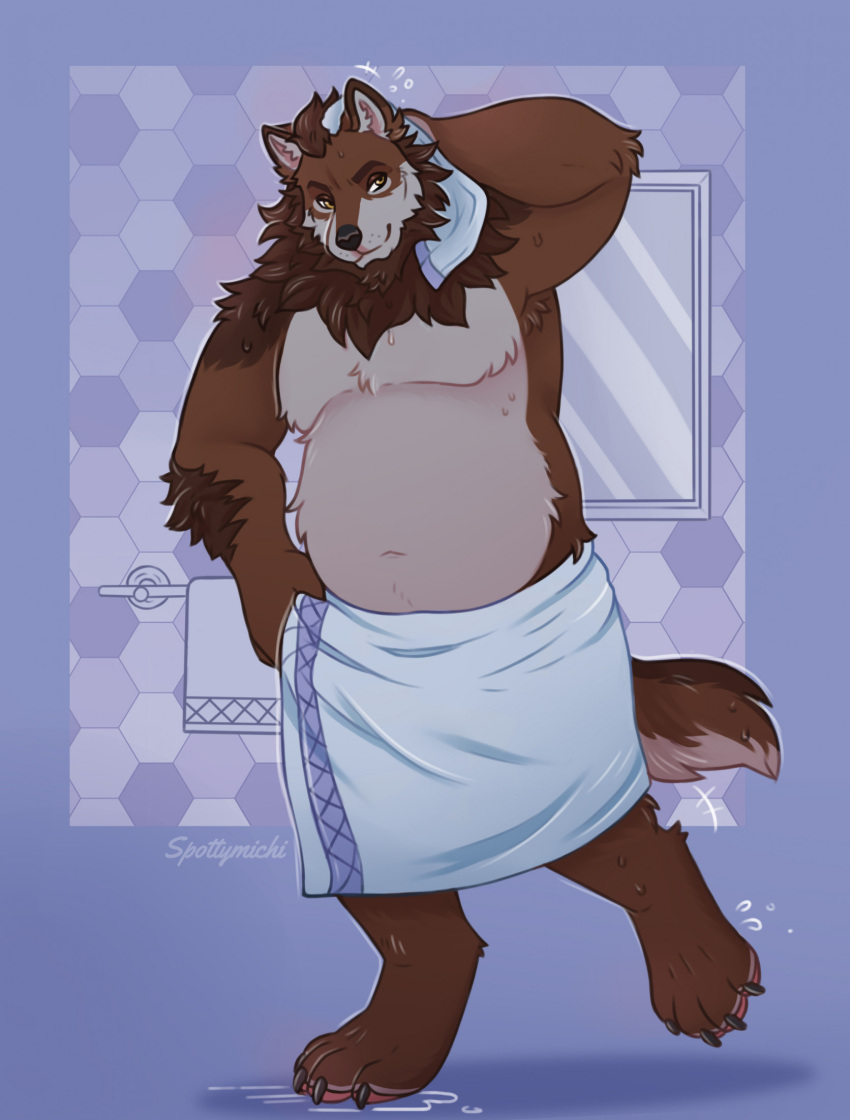 after_shower anthro bathroom belly big_belly canid canine canis digital_media_(artwork) drying fluffy hi_res male mammal overweight overweight_anthro overweight_male shower simple_background slightly_chubby smile solo spottymichi towel towel_around_waist tuft wet wet_body wolf