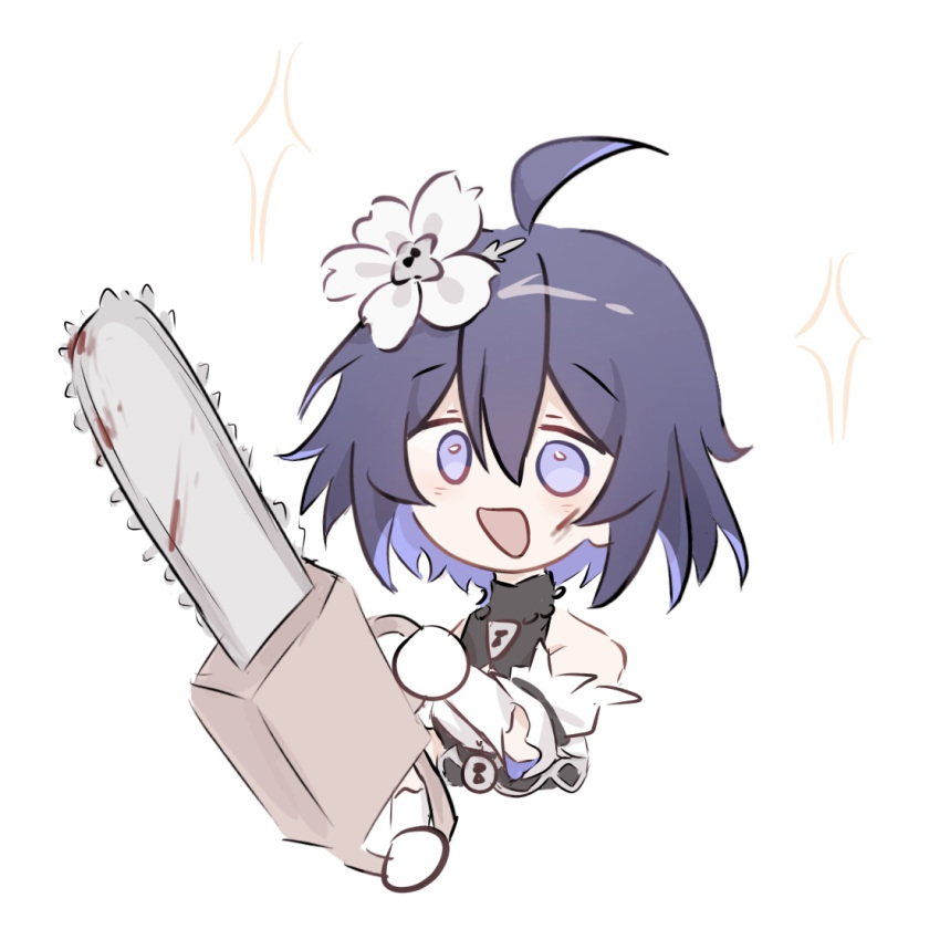 ahoge bare_shoulders blue_eyes blue_hair chainsaw commentary detached_sleeves female flower hair_between_eyes hair_flower hair_ornament holding holding_chainsaw honkai_(series) honkai_impact_3rd seele_vollerei short_hair short_sleeves si_(si_sowofei) solo upper_body white_flower