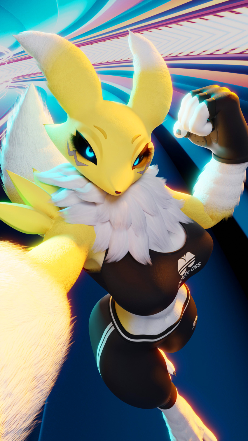 3d_(artwork) 4_fingers 4k 9:16 abstract_background absurd_res anthro arm_outstretched athletic_wear bandai_namco big_breasts black_claws black_clothing black_nose black_sclera blue_eyes bottomwear breasts canid canine claws clothed clothing digimon digimon_(species) digital_media_(artwork) facial_markings female female_anthro fever-dreamer finger_claws fingerless_gloves fingers fist flexing fluffy fully_clothed fur gloves handwear head_markings hi_res legwear looking_at_viewer looking_up looking_up_at_viewer mammal markings midriff navel neck_tuft renamon renamon_(dogzeela) selfie solo symbol tail topwear tuft white_body white_fur yellow_body yellow_fur