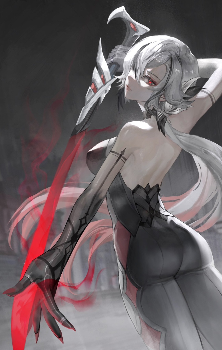 arlecchino_(genshin_impact) ass back backless_outfit black_eyes black_hair breasts colored_extremities do_myzu female genshin_impact gradient_skin grey_hair hair_between_eyes highres holding holding_weapon long_hair looking_at_viewer multicolored_hair red_hair red_pupils solo streaked_hair symbol-shaped_pupils weapon white_hair x-shaped_pupils