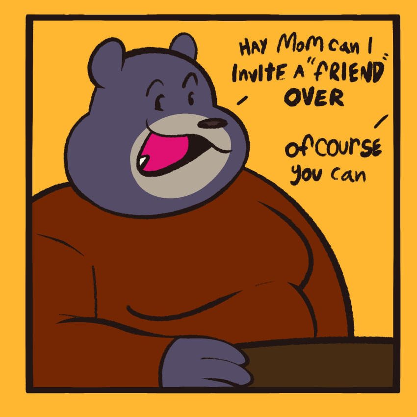 1:1 2023 anthro anukkyt bear black_bear black_body border clothing dialogue english_text hi_res holidays male mammal offscreen_character offscreen_female open_mouth open_smile simple_background smile snaggle_tooth solo text thanksgiving topwear ursine yellow_background yellow_border