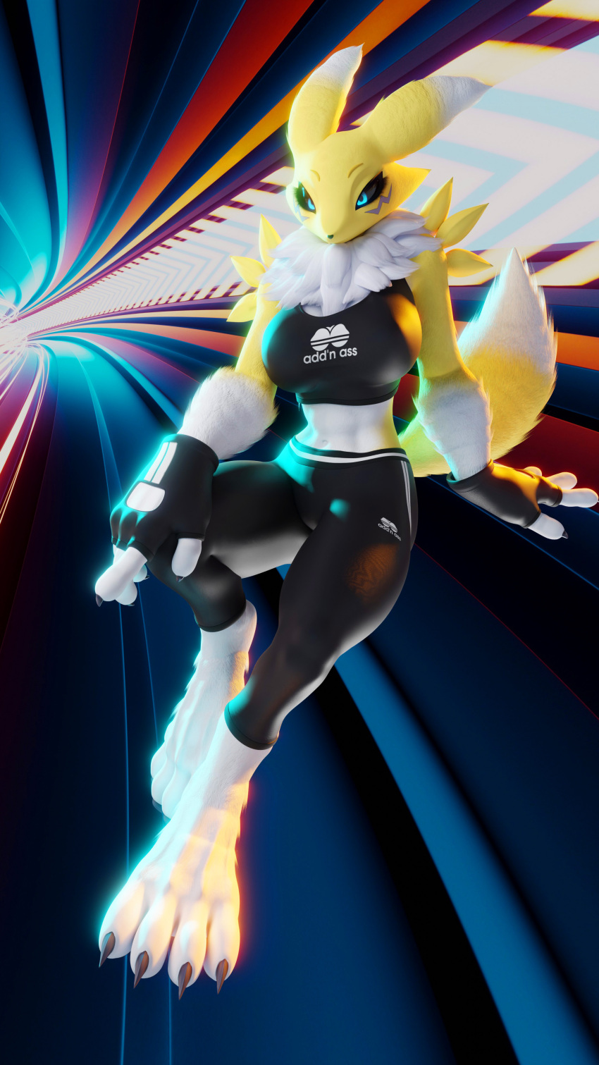 3d_(artwork) 4_fingers 4k 9:16 abstract_background absurd_res anthro athletic_wear bandai_namco big_breasts black_claws black_clothing black_nose black_sclera blue_eyes bottomwear breasts canid canine claws clothed clothing digimon digimon_(species) digital_media_(artwork) facial_markings female female_anthro fever-dreamer finger_claws fingerless_gloves fingers fluffy fully_clothed fur gloves hand_on_knee hand_on_leg handwear head_markings hi_res legwear mammal markings midriff navel neck_tuft paws renamon renamon_(dogzeela) resting sitting solo symbol tail topwear tuft white_body white_fur yellow_body yellow_fur