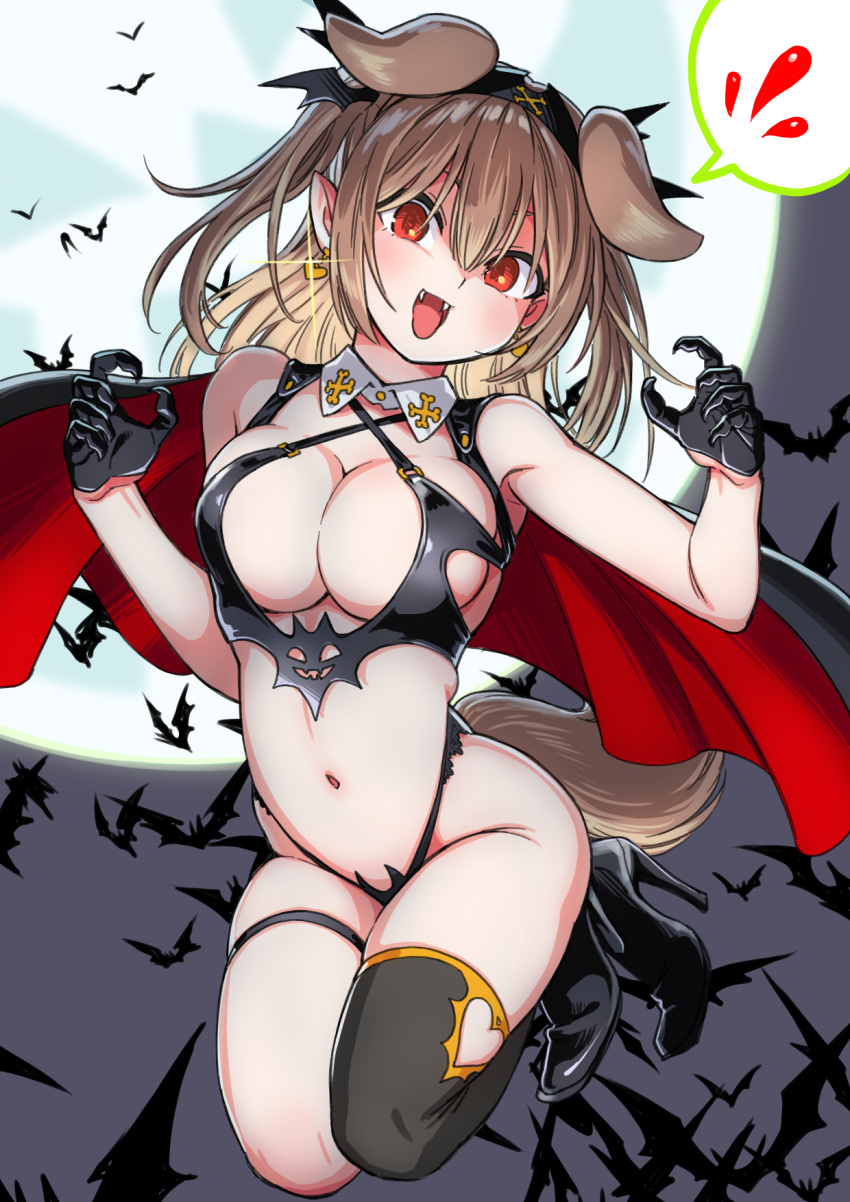 animal_ears bikini black_bikini black_gloves black_hairband breasts brown_hair cape cleavage clothing_cutout commentary_request detached_collar dog_ears dog_girl dog_tail earrings fangs female full_moon glint gloves hairband half_gloves heart heart_cutout heart_earrings high_heels highres hololive inugami_korone jewelry large_breasts long_hair moon pointy_ears red_cape red_eyes revealing_clothes sabaku_chitai simple_bat single_thighhigh solo spoken_object swimsuit tail thigh_strap thighhighs vampire virtual_youtuber